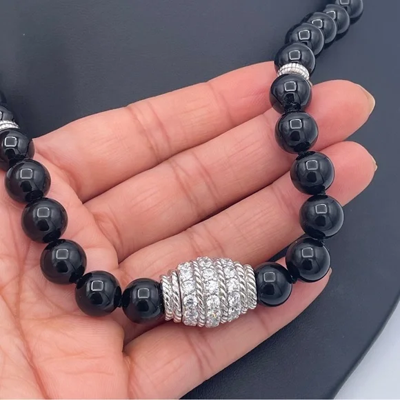 Judith Ripka Heavy 10mm Onyx Bead Necklace Sterling Silver CZ Center Piece 18” - Picture 3 of 9